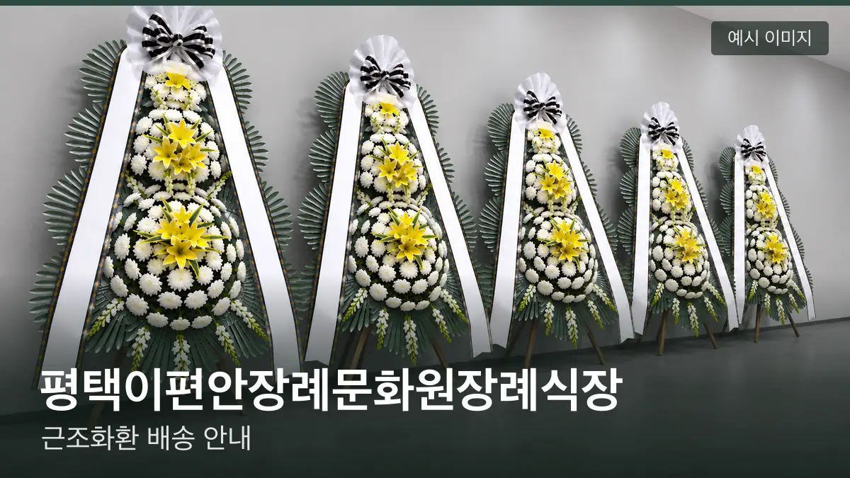 평택이편안장례문화원장례식장 근조화환 예시 이미지 — 흰 국화 3단 근조화환이 벽을 따라 나란히 놓인 모습