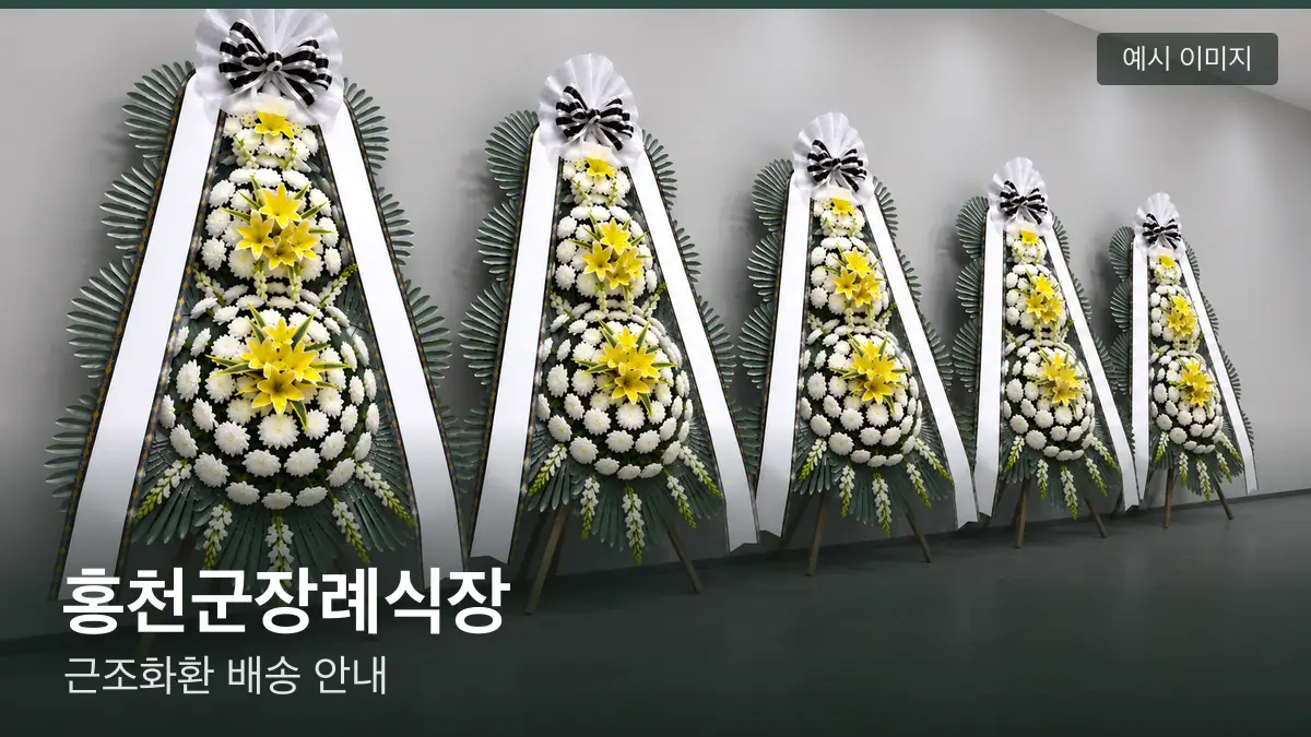 홍천군장례식장 근조화환 예시 이미지 — 흰 국화 3단 근조화환이 벽을 따라 나란히 놓인 모습