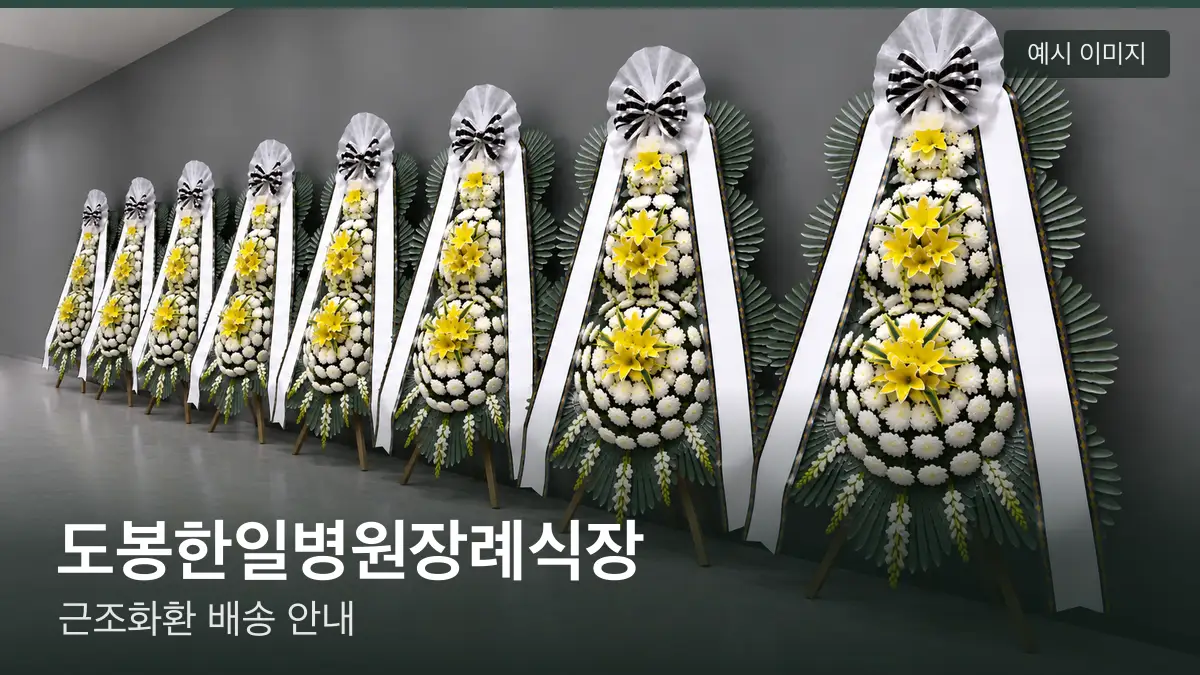 도봉한일병원장례식장 근조화환 예시 이미지 — 흰 국화 3단 근조화환이 벽을 따라 나란히 놓인 모습