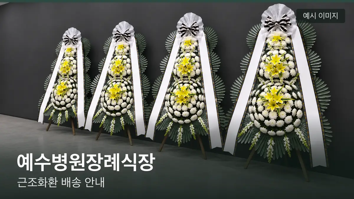 예수병원장례식장 근조화환 예시 이미지 — 흰 국화 3단 근조화환이 벽을 따라 나란히 놓인 모습
