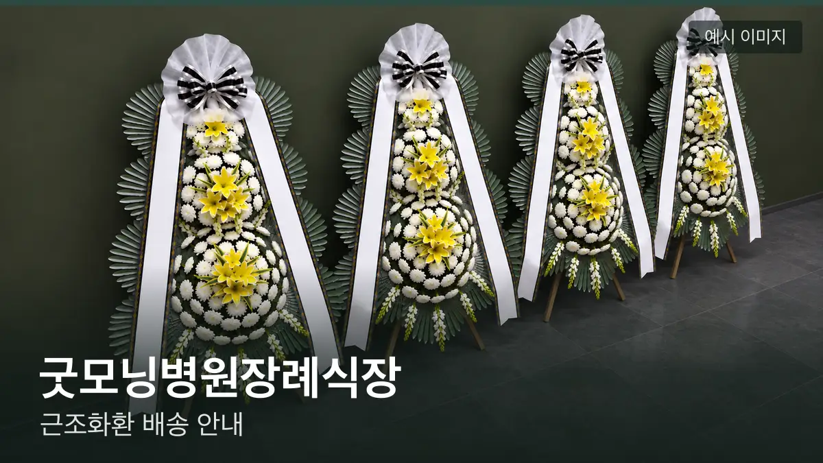 굿모닝병원장례식장 근조화환 예시 이미지 — 흰 국화 3단 근조화환이 벽을 따라 나란히 놓인 모습