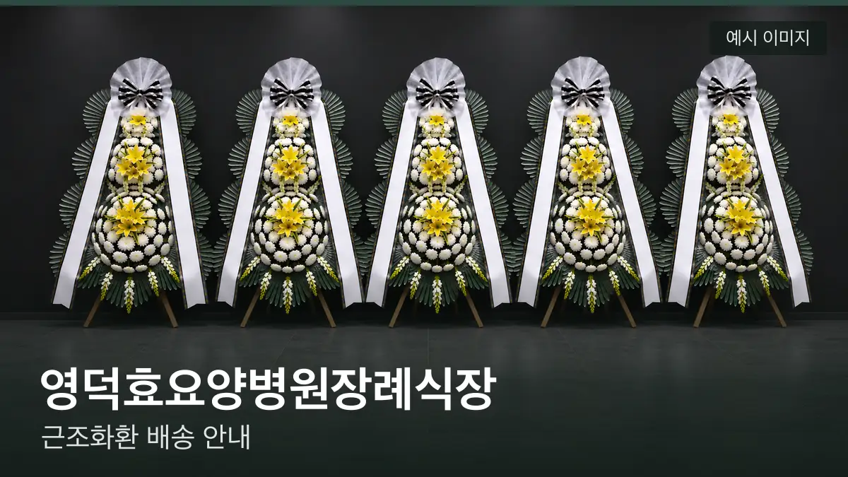 영덕효요양병원장례식장 근조화환 예시 이미지 — 흰 국화 3단 근조화환이 벽을 따라 나란히 놓인 모습