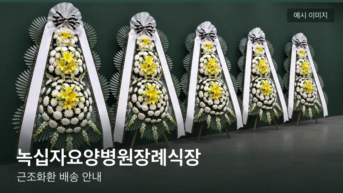 녹십자요양병원장례식장 근조화환 예시 이미지 — 흰 국화 3단 근조화환이 벽을 따라 나란히 놓인 모습