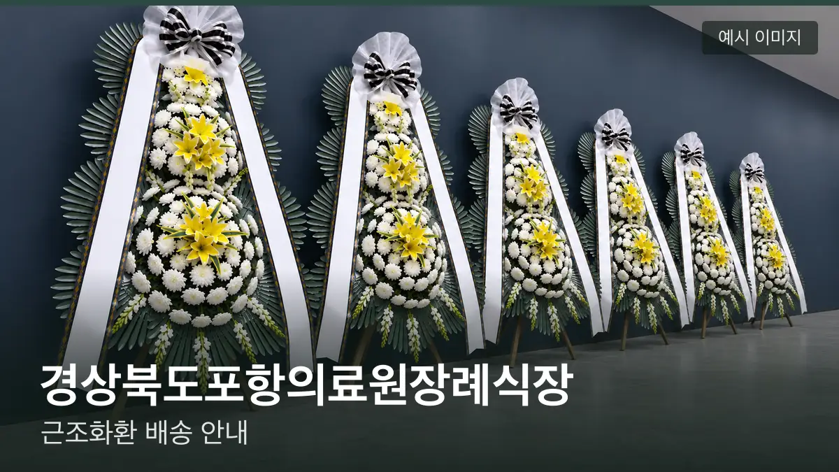 경상북도포항의료원장례식장 근조화환 예시 이미지 — 흰 국화 3단 근조화환이 벽을 따라 나란히 놓인 모습