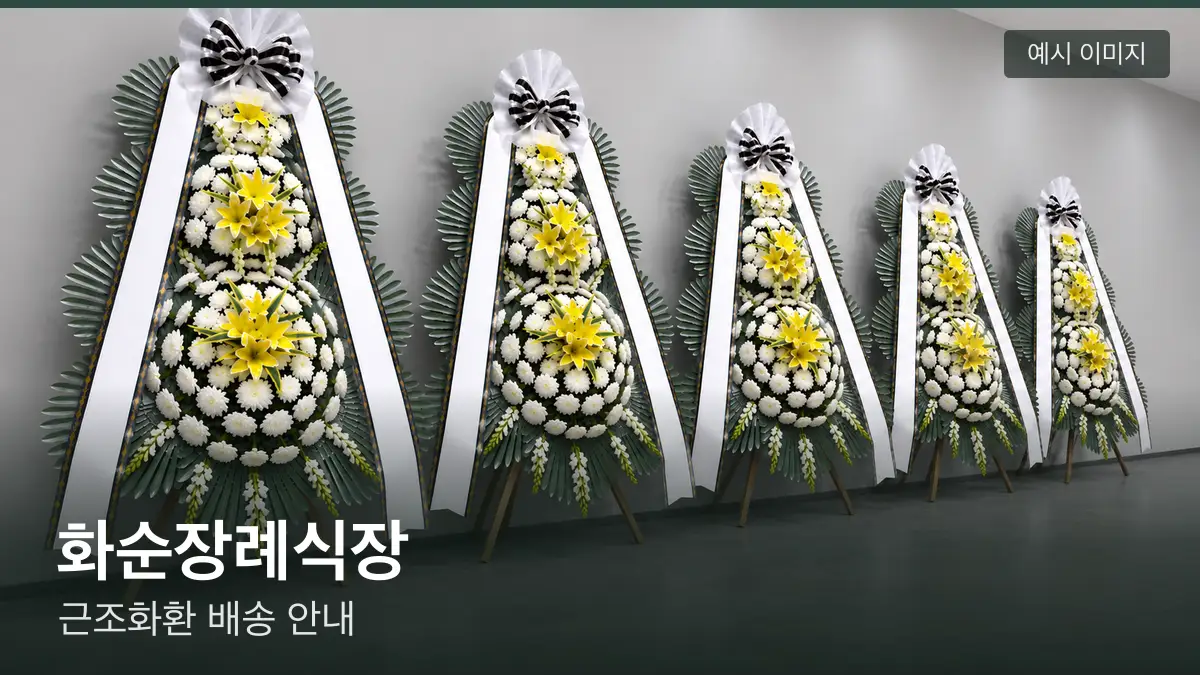 화순장례식장 근조화환 예시 이미지 — 흰 국화 3단 근조화환이 벽을 따라 나란히 놓인 모습