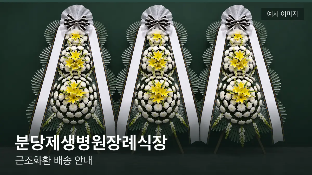 분당제생병원장례식장 근조화환 예시 이미지 — 흰 국화 3단 근조화환이 벽을 따라 나란히 놓인 모습