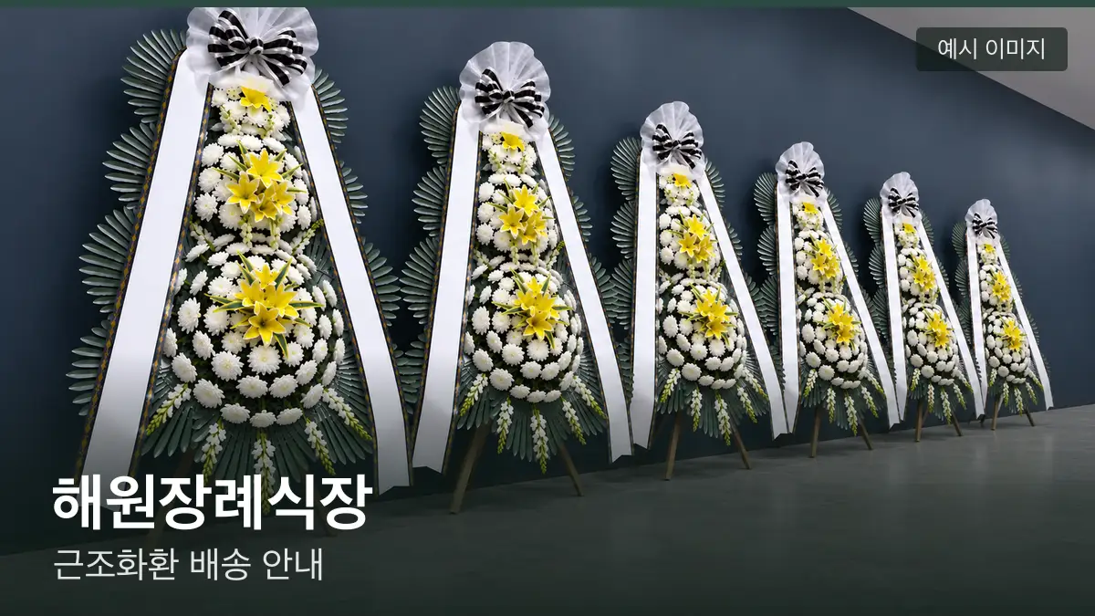 해원장례식장 근조화환 예시 이미지 — 흰 국화 3단 근조화환이 벽을 따라 나란히 놓인 모습