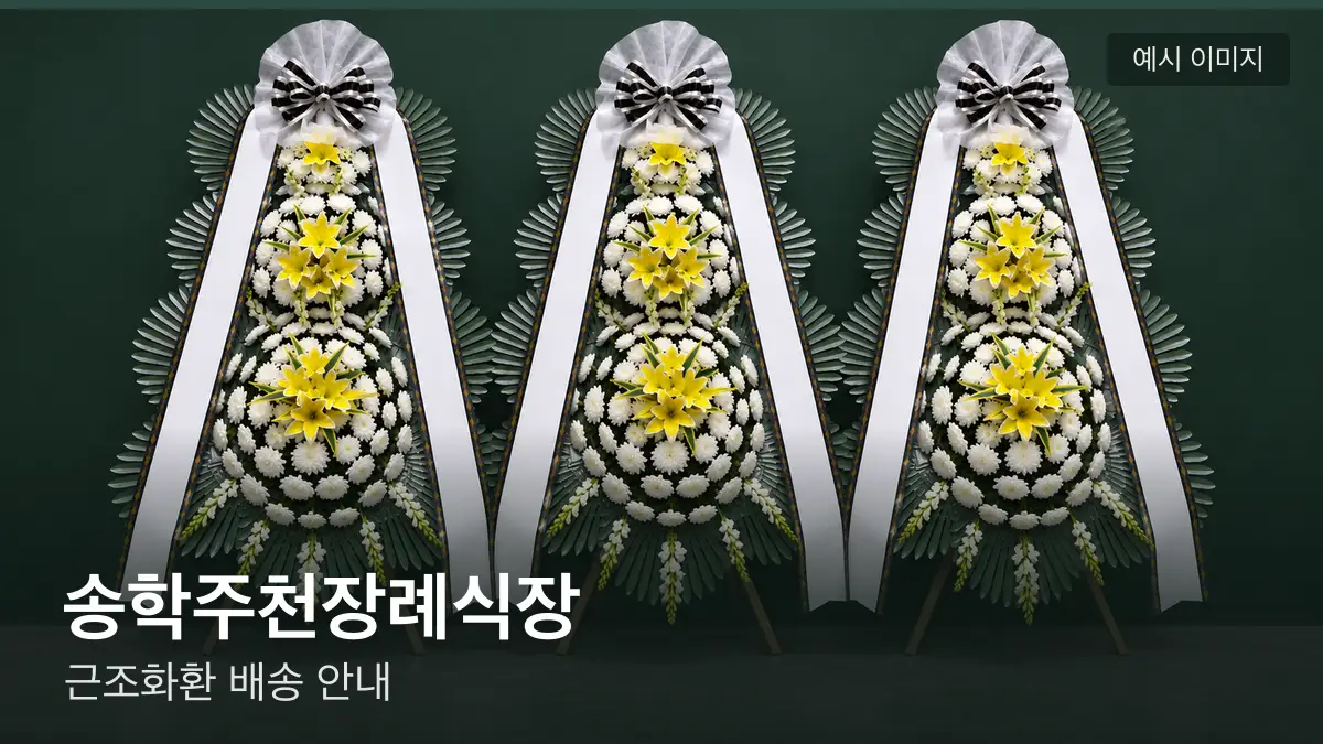 송학주천장례식장 근조화환 예시 이미지 — 흰 국화 3단 근조화환이 벽을 따라 나란히 놓인 모습