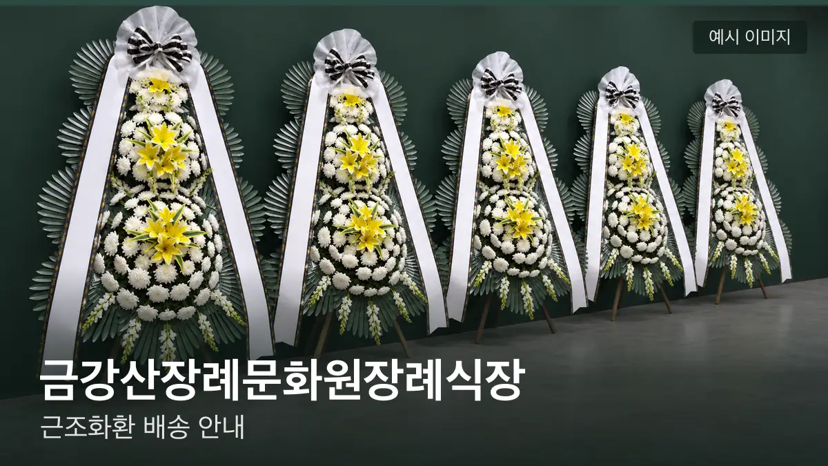 금강산장례문화원장례식장 근조화환 예시 이미지 — 흰 국화 3단 근조화환이 벽을 따라 나란히 놓인 모습