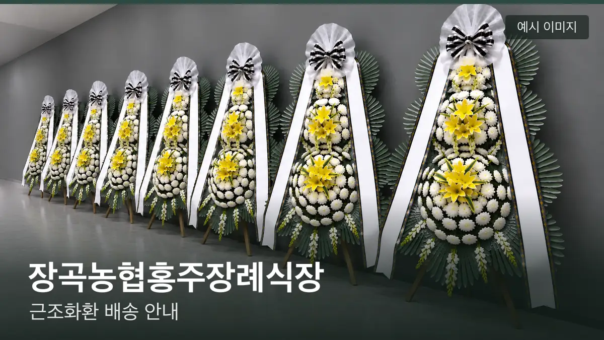 장곡농협홍주장례식장 근조화환 예시 이미지 — 흰 국화 3단 근조화환이 벽을 따라 나란히 놓인 모습