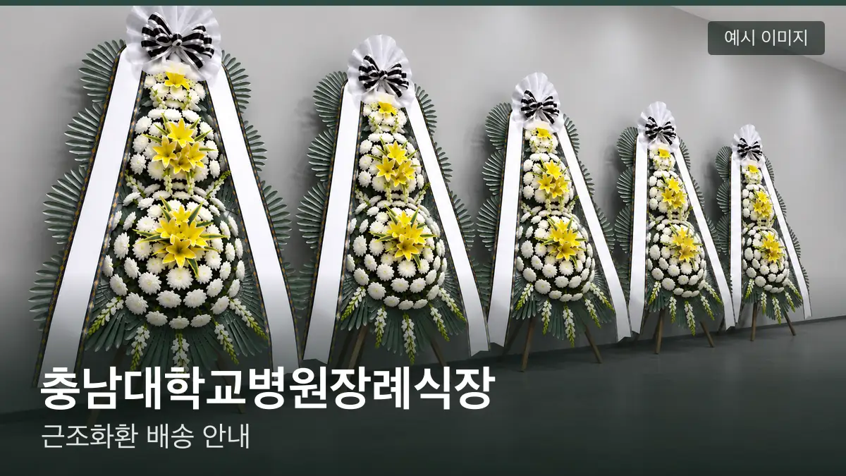 충남대학교병원장례식장 근조화환 예시 이미지 — 흰 국화 3단 근조화환이 벽을 따라 나란히 놓인 모습