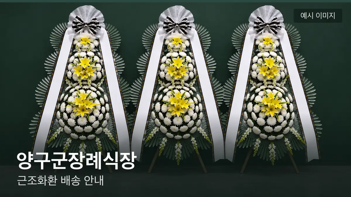 양구군장례식장 근조화환 예시 이미지 — 흰 국화 3단 근조화환이 벽을 따라 나란히 놓인 모습