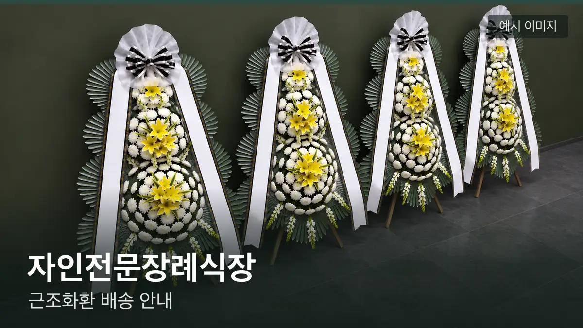 자인전문장례식장 근조화환 예시 이미지 — 흰 국화 3단 근조화환이 벽을 따라 나란히 놓인 모습