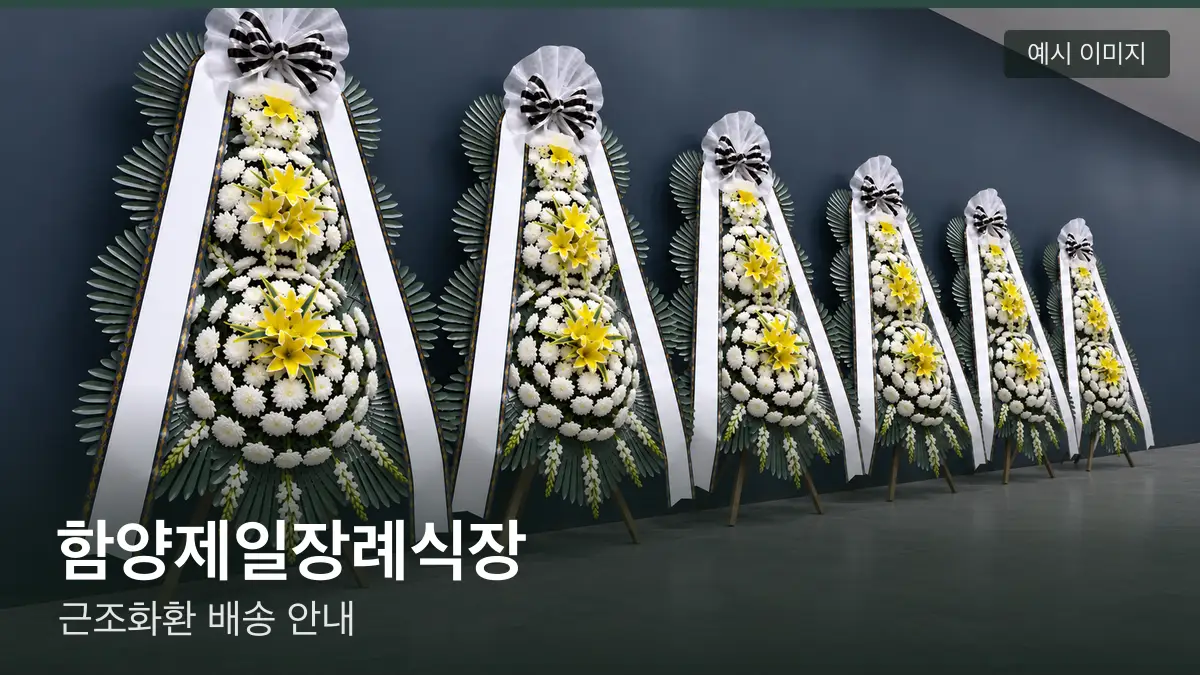 함양제일장례식장 근조화환 예시 이미지 — 흰 국화 3단 근조화환이 벽을 따라 나란히 놓인 모습