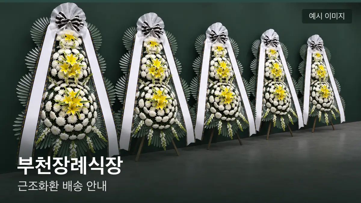 부천장례식장 근조화환 예시 이미지 — 흰 국화 3단 근조화환이 벽을 따라 나란히 놓인 모습