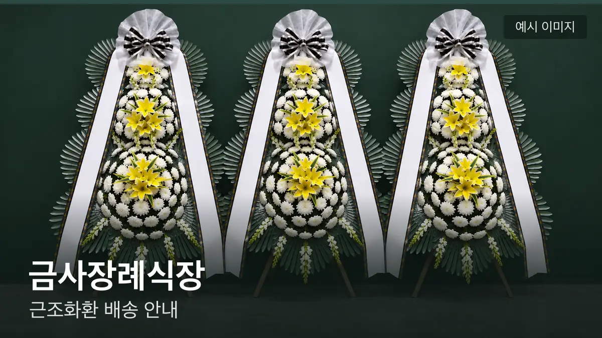금사장례식장 근조화환 예시 이미지 — 흰 국화 3단 근조화환이 벽을 따라 나란히 놓인 모습