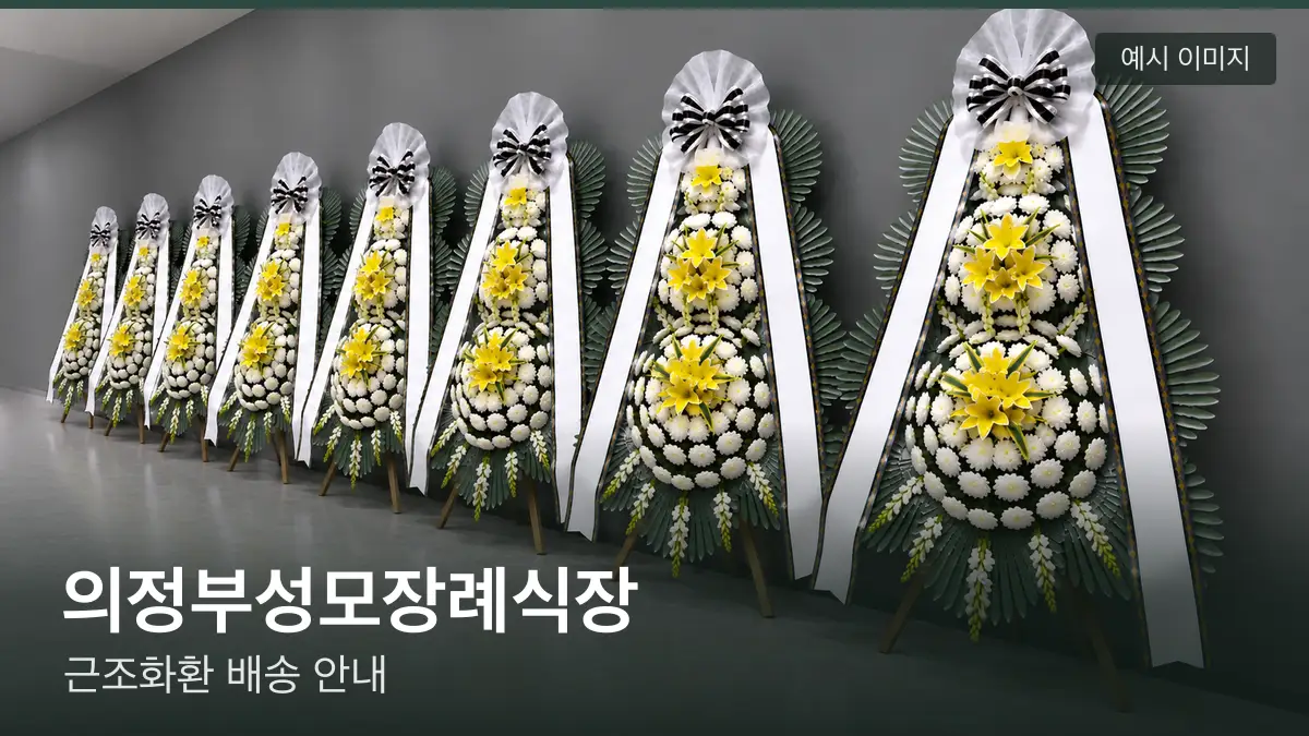 의정부성모장례식장 근조화환 예시 이미지 — 흰 국화 3단 근조화환이 벽을 따라 나란히 놓인 모습