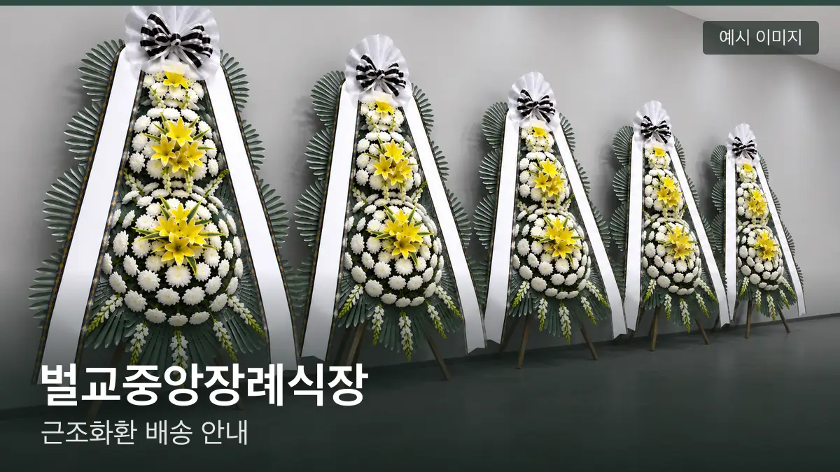 벌교중앙장례식장 근조화환 예시 이미지 — 흰 국화 3단 근조화환이 벽을 따라 나란히 놓인 모습