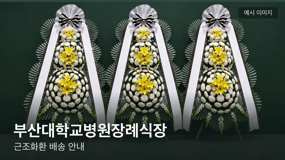 부산대학교병원장례식장 근조화환 예시 이미지 — 흰 국화 3단 근조화환이 벽을 따라 나란히 놓인 모습