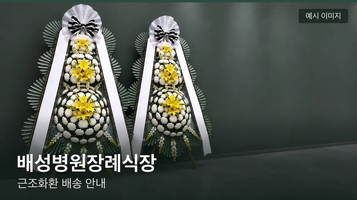 배성병원장례식장 근조화환 예시 이미지 — 흰 국화 3단 근조화환이 벽을 따라 나란히 놓인 모습